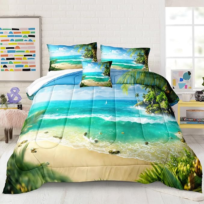 Bedbay Tropical Beach Comforter Set Queen Size Coastal Island Bedding Holiday Hawaii Style Bedding Set Soft Microfiber Summer Lightweight Comforter 4 Pcs Beach Theme Quilt Set for All Seasons