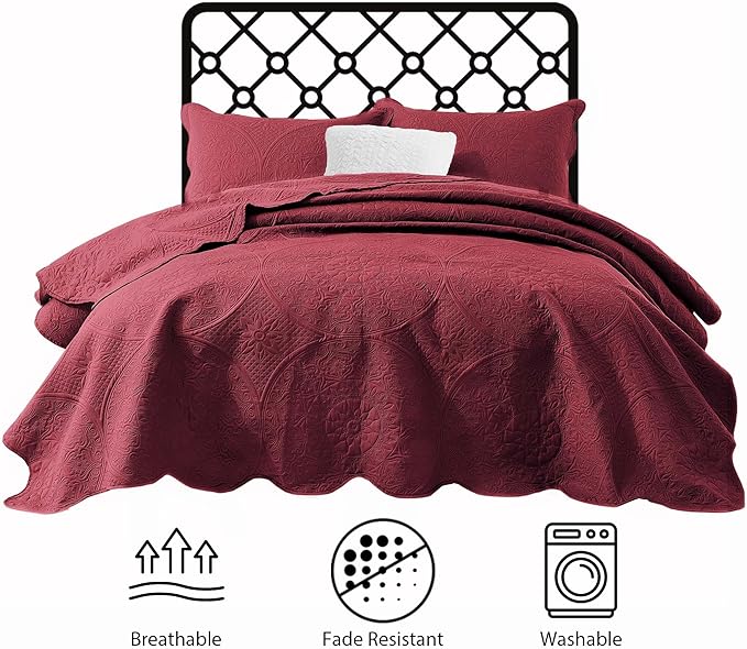 MOONLIGHT20015 10 Pack Queen Quilt Bedding Set (90" x 96") - Bulk Wholesale for Hotels, Guest Bedroom & Airbnbs - Lightweight Microfiber Reversible Floral Embossed Quilts Bedspreads (Burgundy)