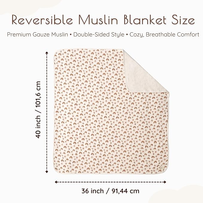 Muslin Baby Blankets Neutral, 40"x36" Toddler Blanket, Reversible Soft Baby Blankets for Boys & Girls, 100% Cotton Toddler Bed Blanket Oeko-TEX Designed in France - Rainbow + Beige Nursery Blanket