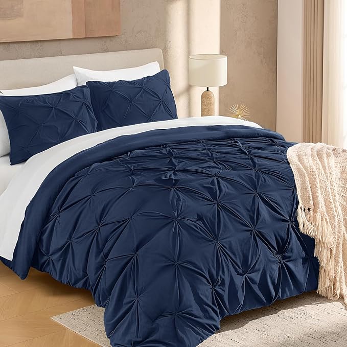Andency Navy Blue Pinch Pleat Comforter Twin(66x90Inch), 2 Pieces(1 Pintuck Comforter, 1 Pillowcase) Microfiber Pintuck Comforter Set Down Alternative Comforter Bedding Set