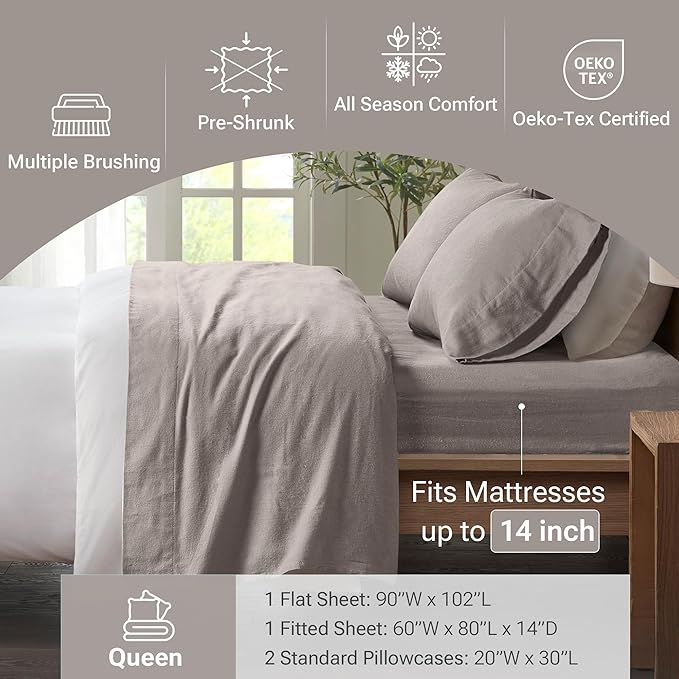 True North by Sleep Philosophy Cozy Flannel Warm 100% Cotton Sheet - Novelty Print Animals Stars Cute Ultra Soft Cold Weather Bedding Set, Queen, Grey Solid 4 Piece