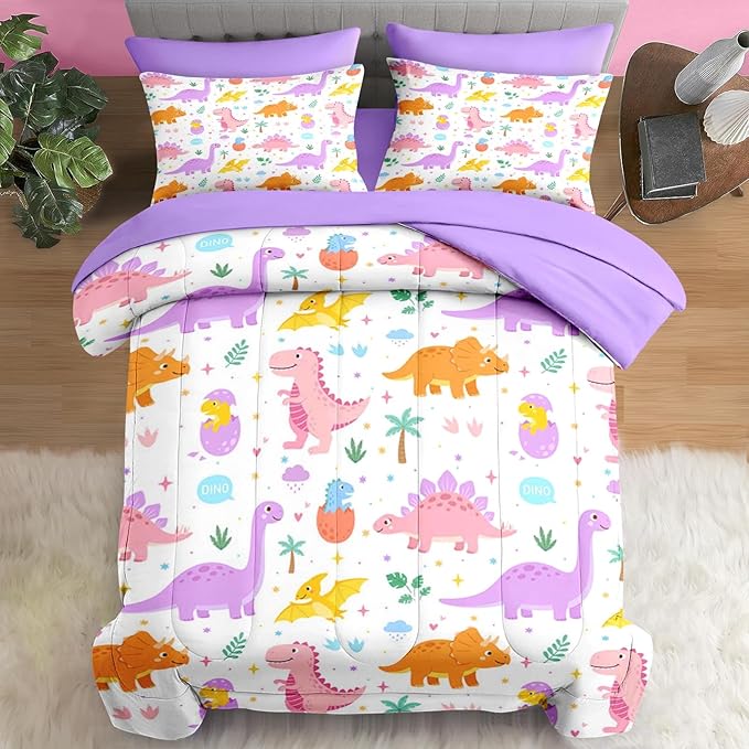 Comforter Set Full Size, Cute Dinosaur 7 Pcs Bedding for Kids and Adults, Love Rainbow Happy Bed Sheet Sets with Fitted Sheet 2 Pillowcase & 2 Sham for Bedroom Bed Decor