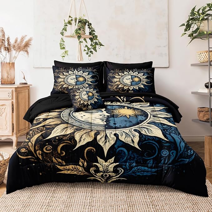 Sun and Moon Comforter Set Black Boho Bedding Set Celestial Galaxy Starry Space Bedding Comforter Mandala Exotic Black Bed in A Bag Queen Size