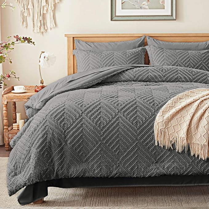 Zzlpp Twin Comforter Set 5 Pieces, Dark Grey Tufted Bed in a Bag with Comforter and Sheets, All Season Boho Bedding Sets with 1 Comforter, 1 Pillow Sham, 1 Pillowcase, 1 Flat Sheet, 1 Fitted Sheet