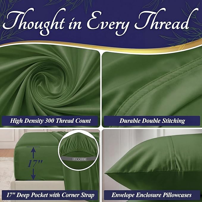 DECOLURE 100% Viscose Derived from Bamboo Sheets Queen Size - Luxury 4 Pc Naturally Cooling Sheets, Ultra Soft Bed Set - Deep 17" Pockets, Durable Double Stitching, Oeko Tex Standard (Olive)