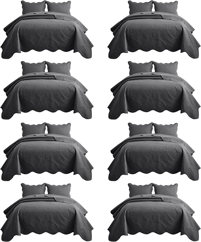IR Imperial Rooms 8 Pack Quilt King Size Bedding (106" x 96") - Bulk Wholesale for Hotels, Guest Bedroom & Airbnbs - Lightweight Microfiber Reversible Floral Embossed Quilts Bedspreads (Charcoal)