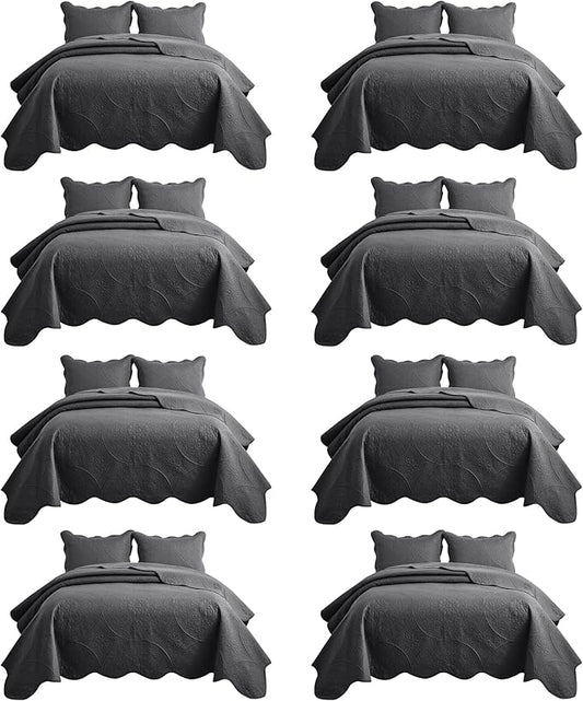 IR Imperial Rooms 8 Pack California King Quilt Bedding Set (118"x106") - Bulk Wholesale for Hotels, Guest Bedroom & Airbnbs - Microfiber Reversible Floral Embossed Quilts Bedspreads (Charcoal)