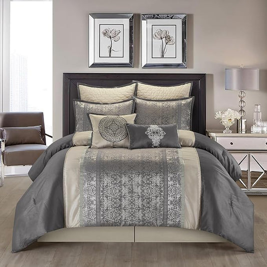 Grand Avenue Silver/Ivory Damask Patchwork California King Comforter Set, 8 Piece, Jacquard All Season Premium Bedding Set, Bed Skirt, Pillows & Shams