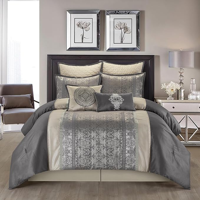 Grand Avenue Silver/Ivory Damask Patchwork Comforters Queen Size Set, 8 Piece, Jacquard Pillow Sham, Bedskirt, Decorative Pillow, All Season Bedding Set