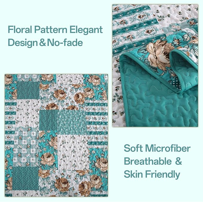 Anibedding Teal Quilt Set Queen Size Patchwork Floral Bedspread Coverlet, Soft Microfiber Farmhouse Boho Quilted Bedding Set, Teal Plaid Rustic Bed Cover for All Season 96''x90''