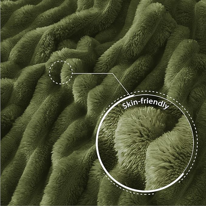 Exclusivo Mezcla Twin Size Flannel Fleece Blanket, Super Soft Striped Jacquard Bed Blanket, Lightweight Fuzzy Cozy for All Seasons, 60x80 Inches, Olive Green