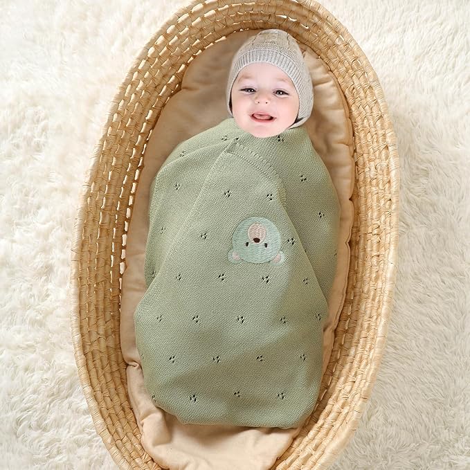 mimixiong Organic Cotton Baby Blanket Neutral Knitted Soft Crib Nursery Swaddling Receiving Blankets for Newborn Baby Boy Girl 40x30 Inch (Green)
