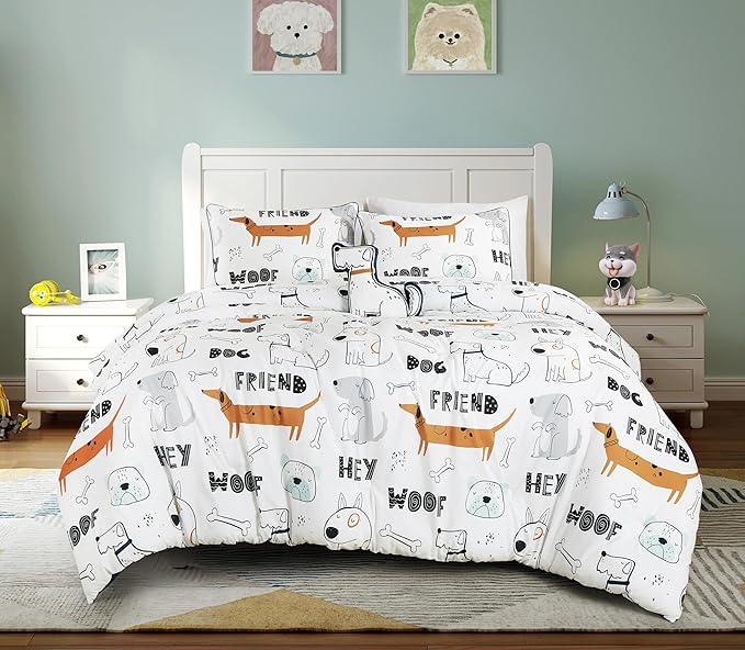 Chezmoi Collection 4-Piece Cartoon Dogs Kids Bedding Set Full/Queen Size - Black White Brown Gray Soft Microfiber Comforter Set w/Dog Throw Pillow for Kids Teens