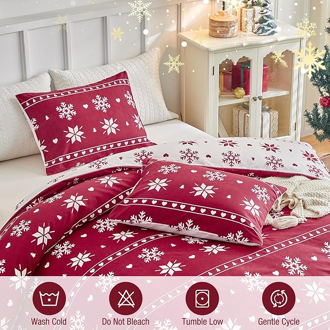 Lekesky Christmas Duvet Cover King Size,3 Pieces Reversible Duvet Cover Set with Snowflake Holiday Bedding Set with Zipper and 8 Corner Ties, 1 Duvet Cover 104x90 inches + 2 Pillowcases