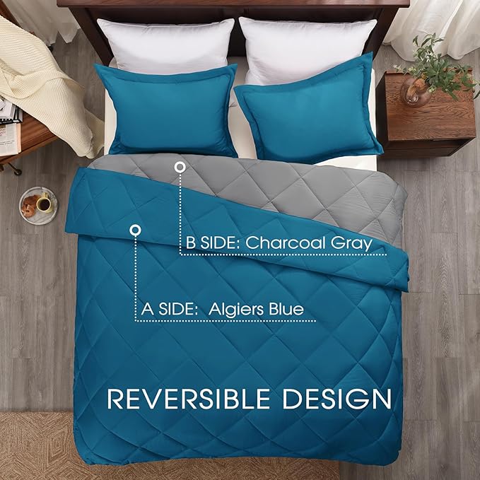 Basic Beyond King Size Comforter Set - Blue Comforter Set King, Reversible King Bed Comforter Set for All Seasons, Algiers Blue/Charcoal