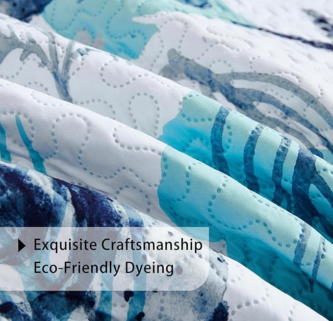 Tritard 3 Piece Coastal Quilt Sets King Size Nautical Reversible Lightweight Bedspread Coverlet with 2 Shams Blue Starfish Conch Beach Microfiber Bedding Quilt Set for All Season, 106''x96''