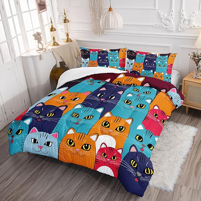 Axolotl Cartoon Cat Comforter Set Kids Bedding Full Size,Cute Colorful Cat Bedding Set for Kids Boys Girls Adults Teens Room Decor,Kids Comforter Set All Season,1 Comforter 2 Pillow Cases