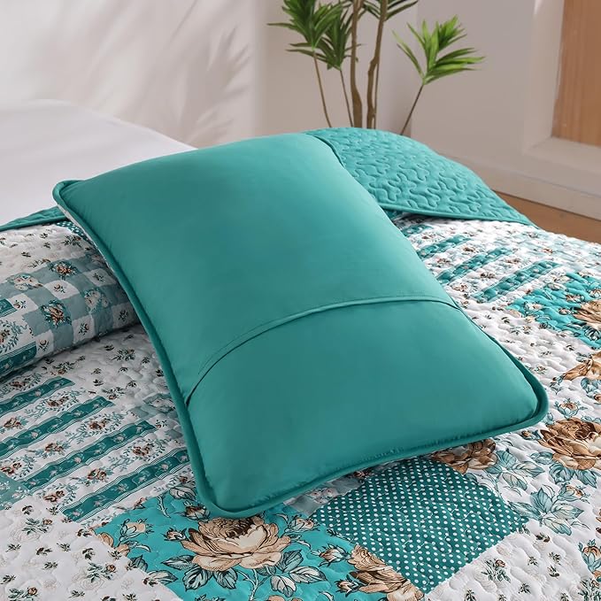 Anibedding Teal Quilt Set Queen Size Patchwork Floral Bedspread Coverlet, Soft Microfiber Farmhouse Boho Quilted Bedding Set, Teal Plaid Rustic Bed Cover for All Season 96''x90''