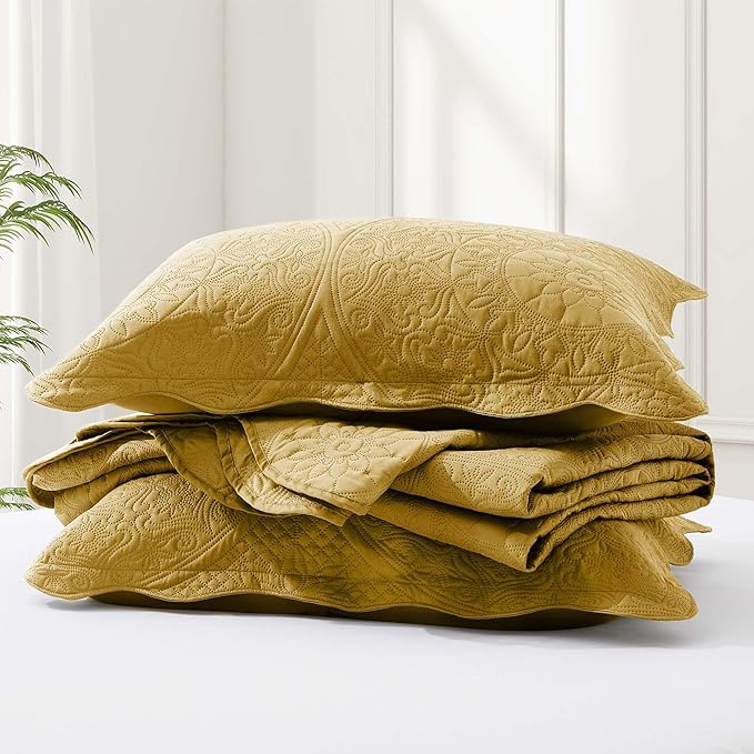IR Imperial Rooms 8 Pack Quilt King Size Bedding (106" x 96") - Bulk Wholesale for Hotels, Guest Bedroom & Airbnbs - Lightweight Microfiber Reversible Floral Embossed Quilts Bedspreads (Ochre)