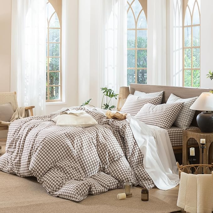 MooMee Gingham Duvet Cover Set 100% Washed Cotton Linen Like Textured Breathable Durable Soft Comfy Modern Checkered Design (Brown Gingham, Super Queen 90"x98")