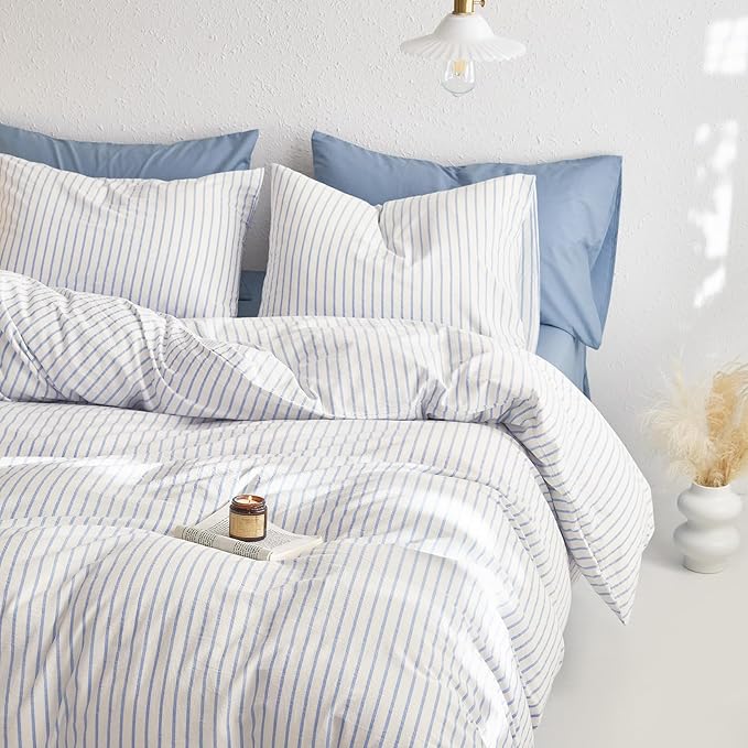Wake In Cloud - Striped Cotton Duvet Cover Set, Ticking Stripe Vertical Pinstripe Farmhouse, 100% Washed Cotton Textured Percale Bedding Set, 3 Pieces, Blue White, Twin Size