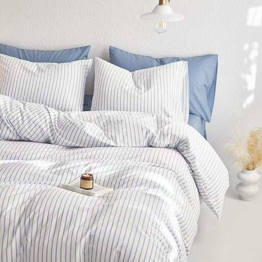 Wake In Cloud - Striped Cotton Duvet Cover Set, Ticking Stripe Vertical Pinstripe Farmhouse, 100% Washed Cotton Textured Percale Bedding Set, 3 Pieces, Blue White, Full Size