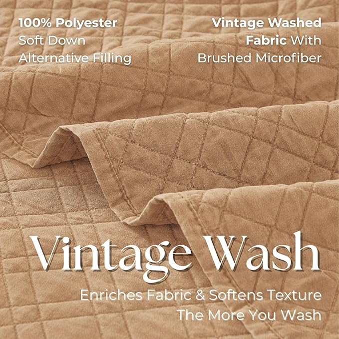 Queen Quilt Set with Shams Lightweight Quilted Bedspread Coverlet Thin Comforter Bed Cover Vintage Washed Quilted Blanket for All Season, Brushed Microfiber Diamond Stitching, Brown, 88"x92"