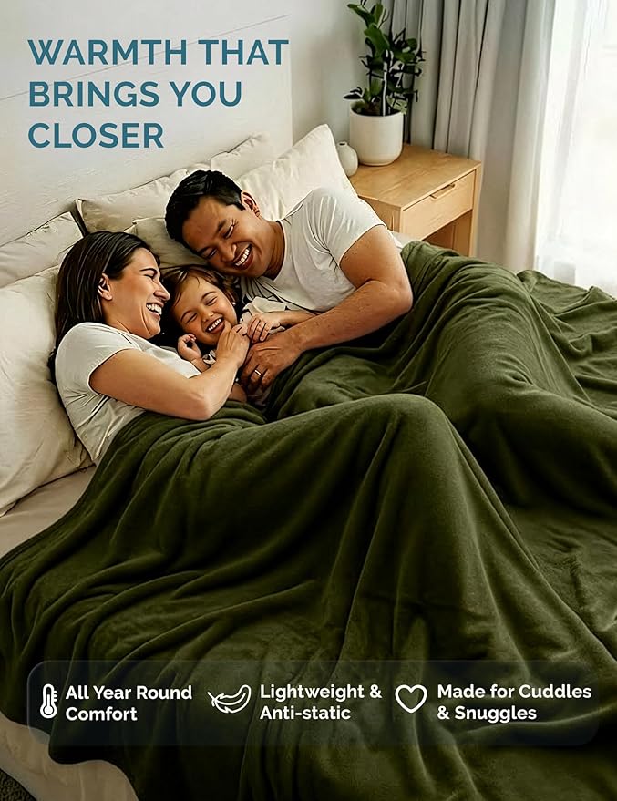 Casa Platino Fleece Blanket Twin Size – 300 GSM Olive Green Fleece Throw for Bed or Couch – Soft Cozy Warm Winter Blanket for Bed, Fuzzy Plush Elegant for Kids, Men & Women - 68x90 Inch
