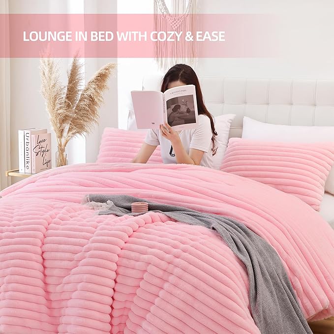 Smoofy Fluffy Full Size Comforter Sets 3 Pieces - Pink Fleece Fluffy Comforter Set, Luxury Fuzzy Full Bed Set, Soft Comforter Full Size All Season, Heavy Faux Fur Comforter with 2 Pillow Cases