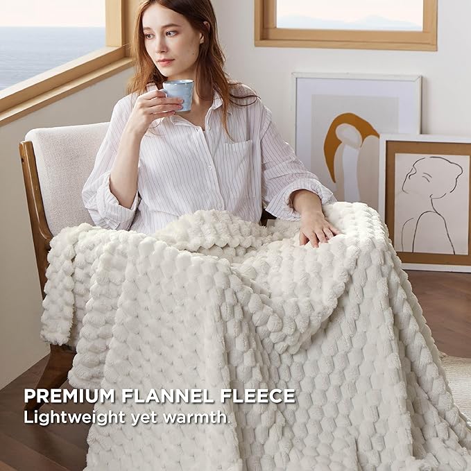 Bedsure Large Throw Blanket for Couch - 350GSM Fluffy Plush Bubble Blanket for Bed Home Room Decor, GentleSoft Cute Fleece Soft Cozy Gifts for Women Girls, Off White, 50x70 Inches