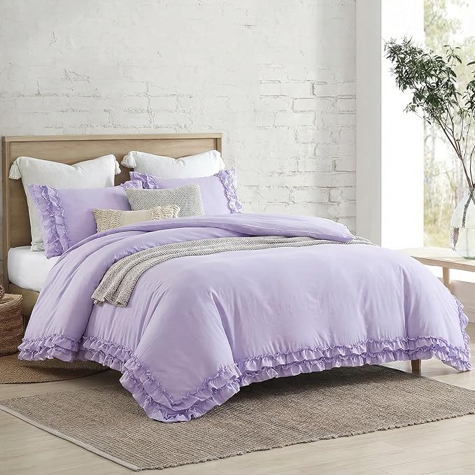 Bedrom Ruffled Duvet Cover Queen Light Purple Bedding Set Shabby Chic Lace Ruffle Bedroom Set Lilac Purple Aesthetic Boho Duvet Cover Set for Girls Women