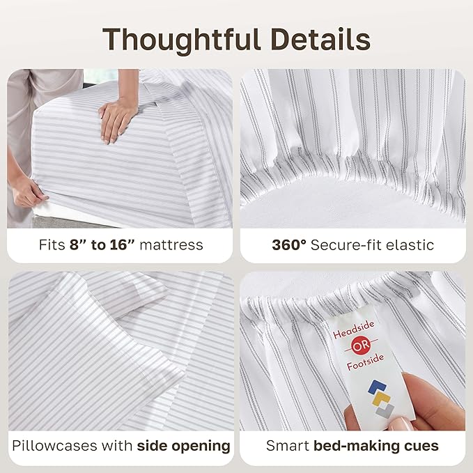 California Design Den King Size Sheet Set - 100% Cotton, 600 Thread Count, Deep Pocket King Sheets, Premium-Feel Bedding with Sateen Weave - Ticking Stripe Pattern