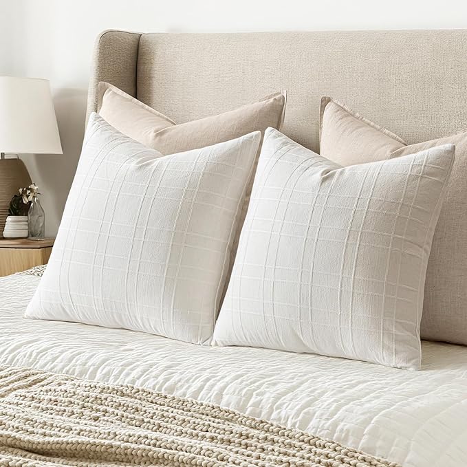MIULEE Decorative Linen Check Euro Shams Throw Pillow Covers Neutral Farmhouse Vintage Pillow Covers 28x28 Set of 2 Boho Modern Home Decor for Sofa Couch Bedroom Cushion Cream White