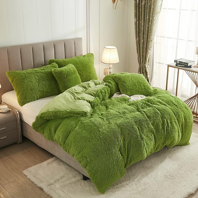 Uhamho Faux Fur Velvet Fluffy Bedding Duvet Cover Set Down Comforter Quilt Cover with Pillow Sham, Ultra Soft Warm (Apple Green, Twin)