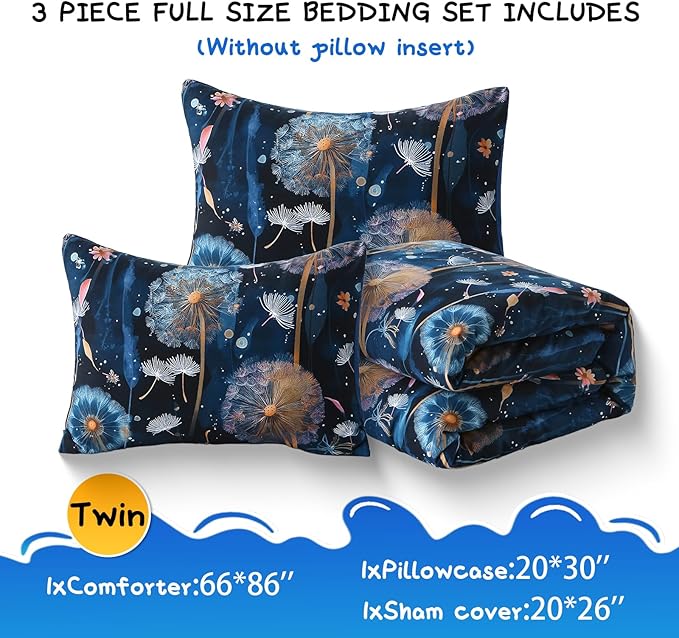 Glow in The Dark Kids Comforter Set, 3 Pieces Blue Dandelion Bedding Set Twin Size for Boys Girls Teen, 1 Comforter, 1 Pillowcase, 1 Pillow Sham
