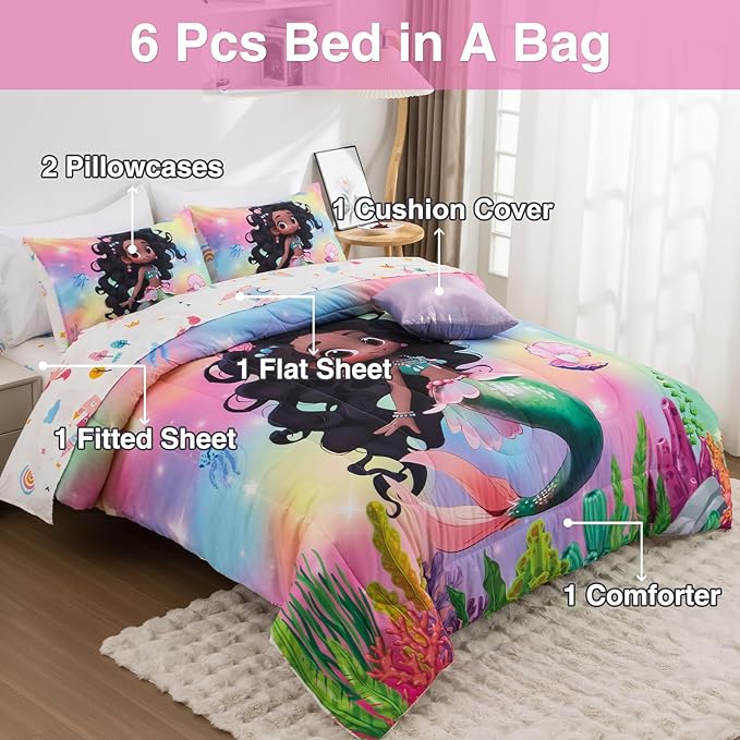 A Nice Night 6pcs Comforter Set,Black Girl Princess Mermaid with Green Tail Printed,Pink Gradient Glitter Rainbow Background Kids Bedding Set,Full