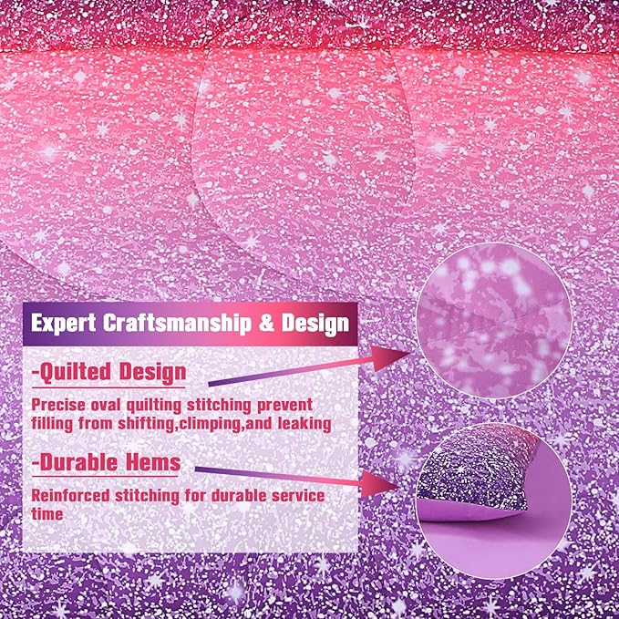 JQinHome Full Size Pink Purple Comforter Set, 6 Piece Bed in A Bag 3D Colorful Bedding Set for Girls Women(1 Comforter,2 Pillowcases,1 Flat Sheet,1 Fitted Sheet,1 Cushion Cover)