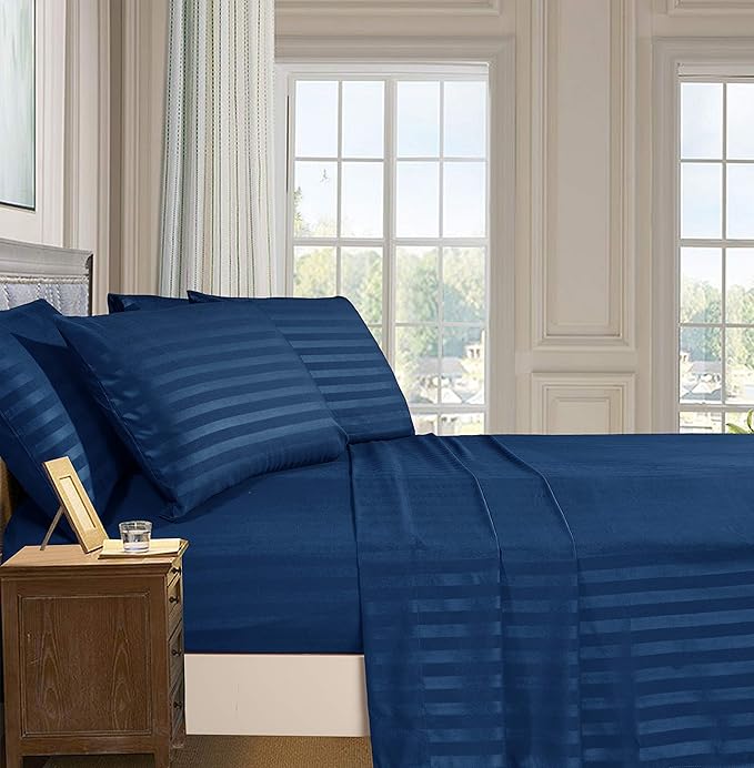 Elegant Comfort Best, Softest, Coziest 6-Piece Sheet Sets! - 1500 Premier Hotel Quality Luxurious Wrinkle Resistant 6-Piece Damask Stripe Bed Sheet Set, Full Navy Blue