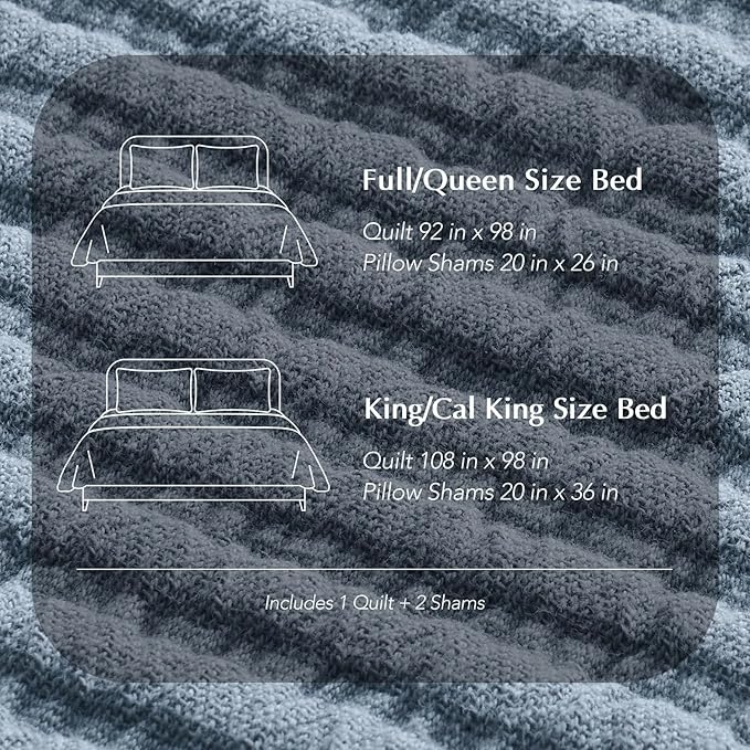 EVERGRACEHOME Cotton Coverlet Set King Size 3 Pieces, Lightweight Soft Ribbed Matelassé Bedspread Quilt Set, Cozy Oversized Quilted Bedding Set with 2 Pillow Shams for All Seasons, Blue Linen