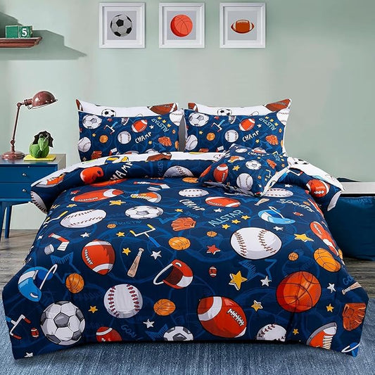 A Nice Night 6Pcs Bed in A Bag Queen Sports Microfiber Modern Comforter Set,Navy Rugby Ball Printed Bedding Collections,for Boys Kids Teen