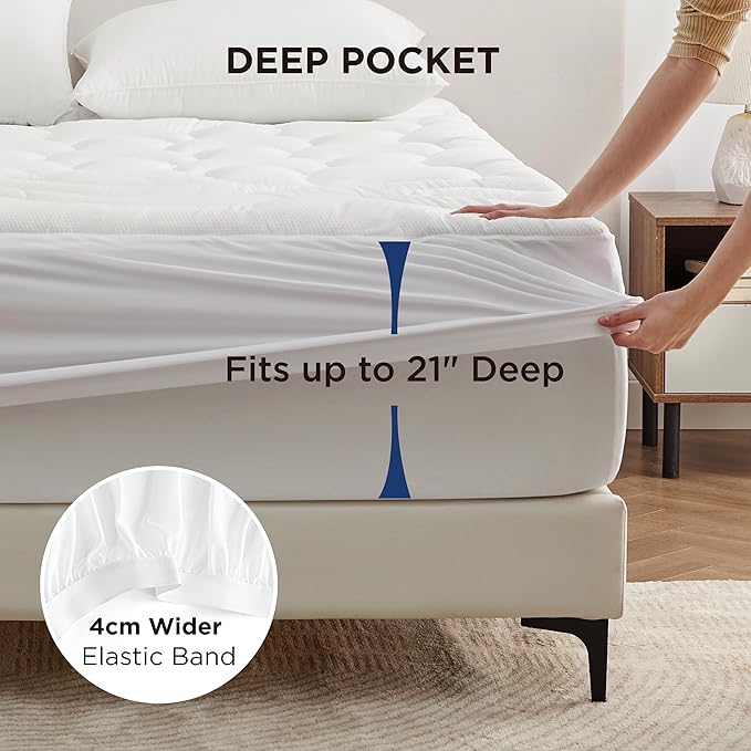 Bedsure Twin Mattress Protector Waterproof - Quilted Fitted Waterproof Mattress Pad Topper with 8-21 Inches Deep Pocket, Noiseless Bed Cover Padded, Machine Washable,White, 39x75 Inches