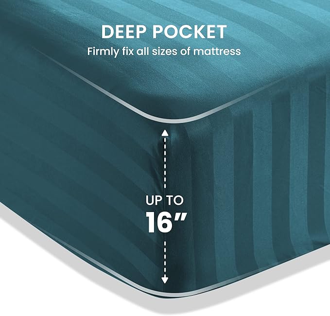 SLEEP ZONE Striped Cooling Sheets Set King Size - Fitted Flat Sheet & Pillowcase Sets 4 Piece - Super Soft Stripe Bed Sheet, Easy Care, Deep Pocket (Teal, King)