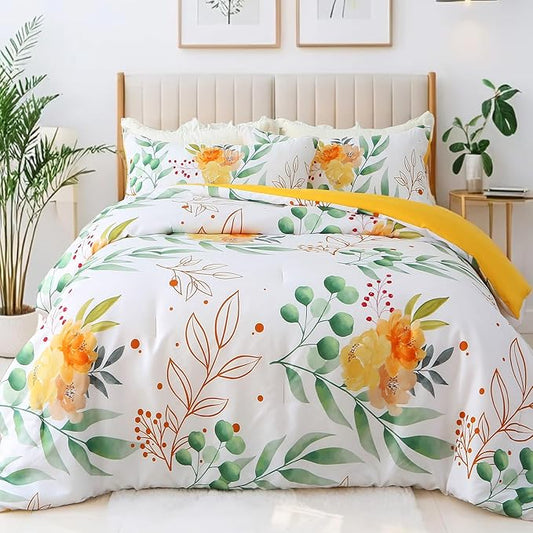 King Comforter Set Yellow 3 Pieces Bed in a Bag, Floral Bedding Sets Elegant Botanical Bed Set Lightweight Soft Comforter with 2 Pillowcases for All Season