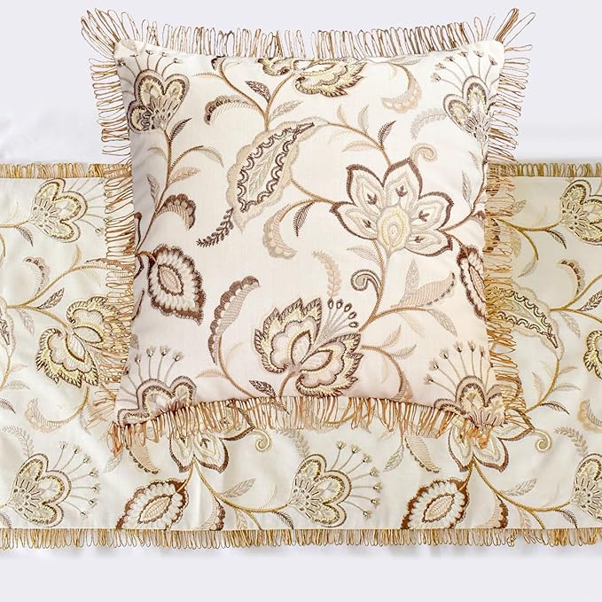 The HomeCentric King/Queen/Twin Beige Decorative Bed Runner Queen 74"x18" Bed Runner with One Pillow Cover, Floral, Pearl, Jute Lace, Embroidery Bed Scarf on Cotton Fabric - Floral Luster