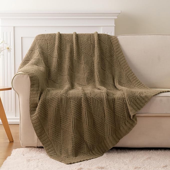Battilo Khaki Diamond Knit Throw Blanket for Couch and Bed, Soft Textured Chenille Blanket, Cozy Lightweight Decorative Blanket for Sofa, 50"x60"