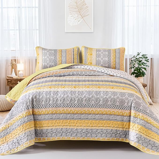 WONGS BEDDING Boho Quilt Set King Size, Yellow Bohemian 3 Pieces Fall Quilt Sets, Lightweight Bedspread Coverlet Bedding Set for All Season (104"x90")