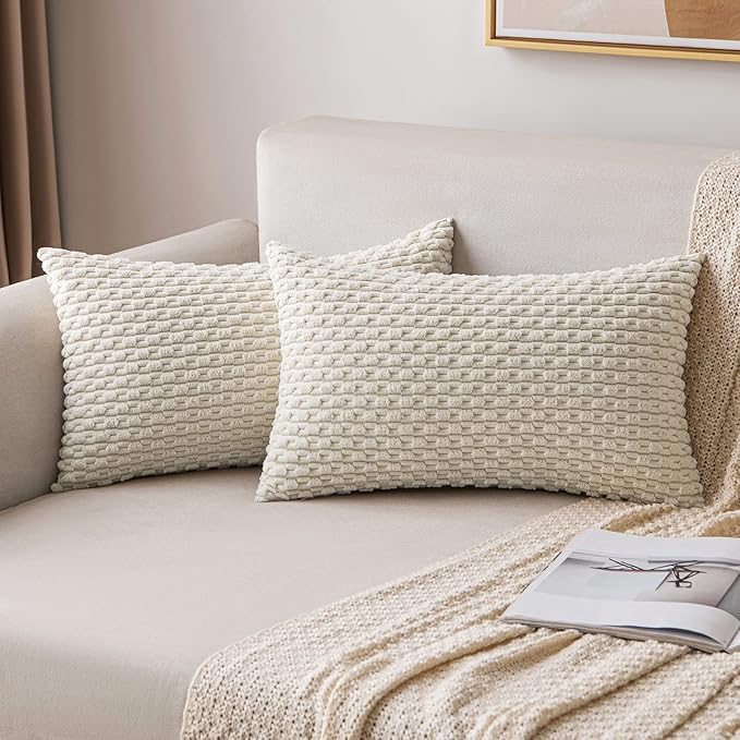 MIULEE Pack of 2 Decorative Lumbar Throw Pillow Covers 12x20 Inch Soft Boho Striped Textured Corduroy Pillow Covers Modern Farmhouse Home Decor for Couch Bed Sofa Living Room Cream White