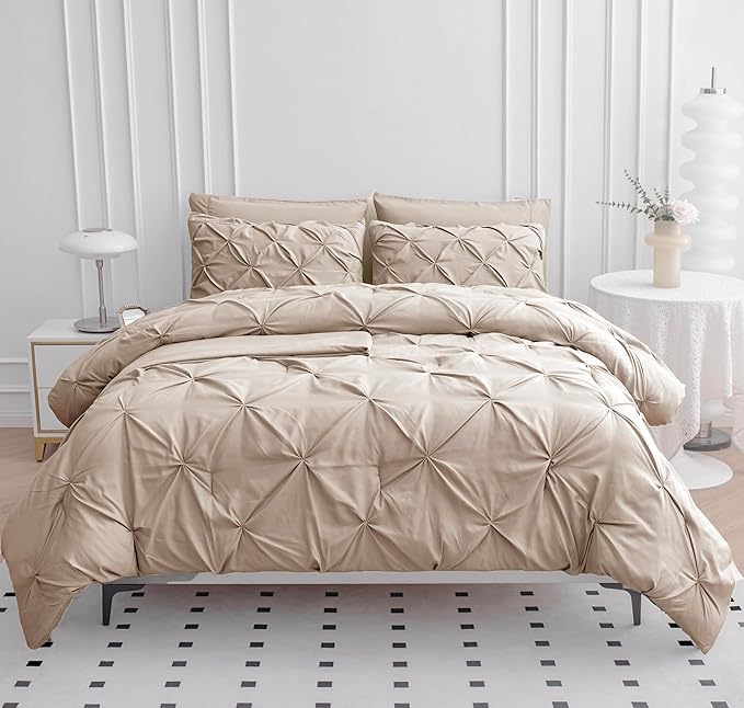 LANE LINEN California King Comforter Set of 7 PCs - Hotel-Style Down Alternative Bed in a Bag - Classic Pintuck Stitch Bedding Set - Super Soft, Warm, All-Season Oversized Cali King Comforter - Beige | Extended coverage, Generous size, Year round comfo...