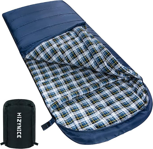 Cold Weather Sleeping Bag 100% Cotton Flannel XXL for Adults Big and Tall,Free Compression Sack