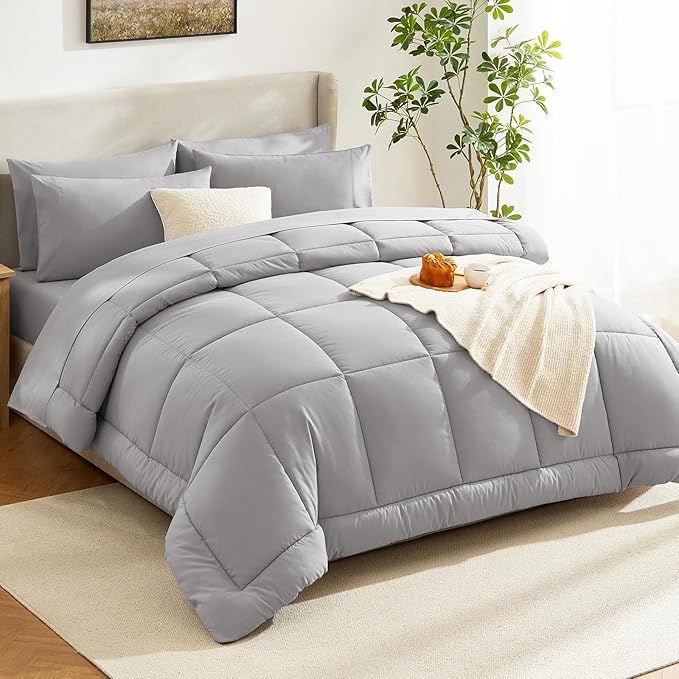 CozyLux Oversized Queen Comforter Sets French Grey, 7 Pieces Bed in a Bag, Ultra-Soft All Season Bedding Sets with Stitch Quilted Comforter, Flat Sheet, Fitted Sheet, Pillowcases, French Grey